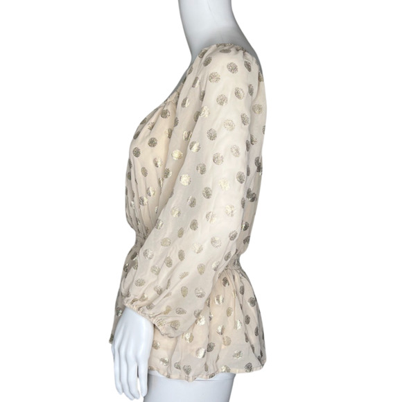 Mi Ami Shirt Womens Large Cream Shimmer Polka Dots Peplum Boho Bohemian Casual - Picture 3 of 10